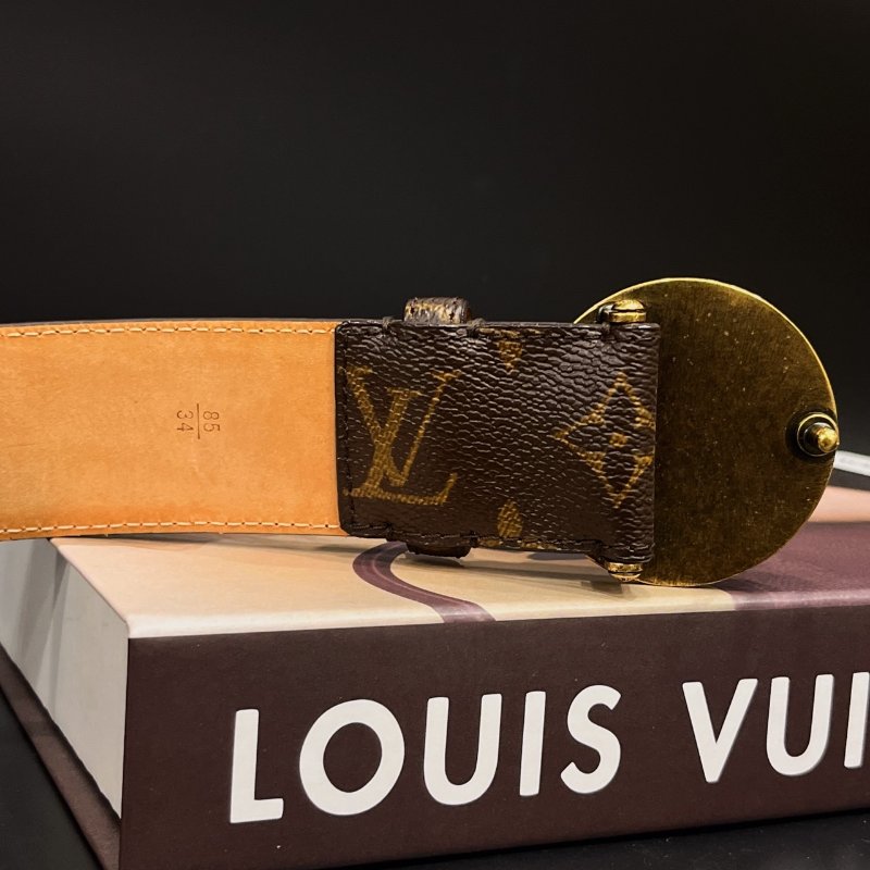 Louis Vuitton LV 老花字紋 圓形金色LOGO 85公分皮帶/腰帶-4