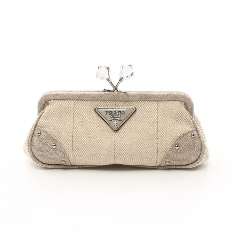 【日本直送】 中古PRADA[AB]蛙嘴 小袋 帆布 真皮 米色 灰米色 三角標牌-0