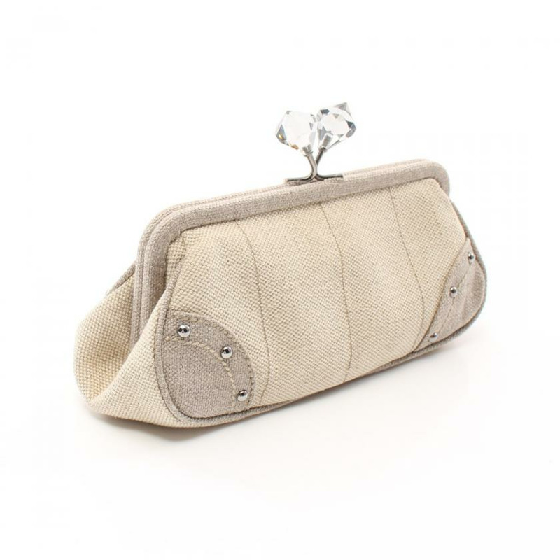 【日本直送】 中古PRADA[AB]蛙嘴 小袋 帆布 真皮 米色 灰米色 三角標牌-1