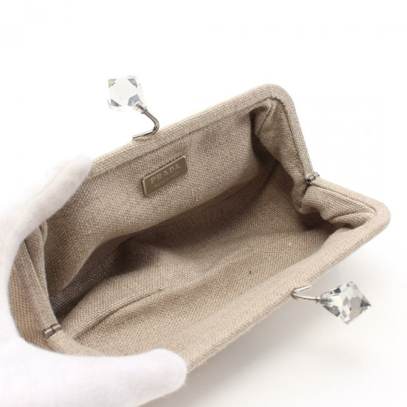 【日本直送】 中古PRADA[AB]蛙嘴 小袋 帆布 真皮 米色 灰米色 三角標牌-2
