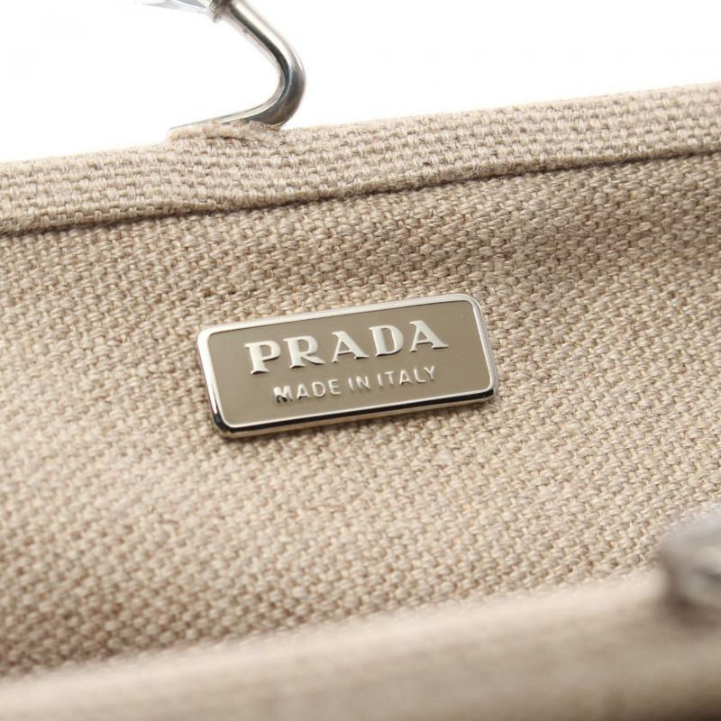 【日本直送】 中古PRADA[AB]蛙嘴 小袋 帆布 真皮 米色 灰米色 三角標牌-3