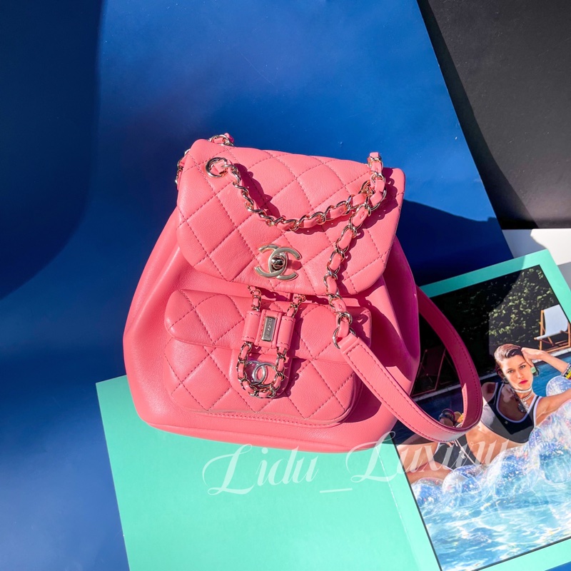 CHANEL 香奈兒 AS2908 DUMA 晶片款 粉色 菱格 金釦 羊皮 束口後背包 小號-0