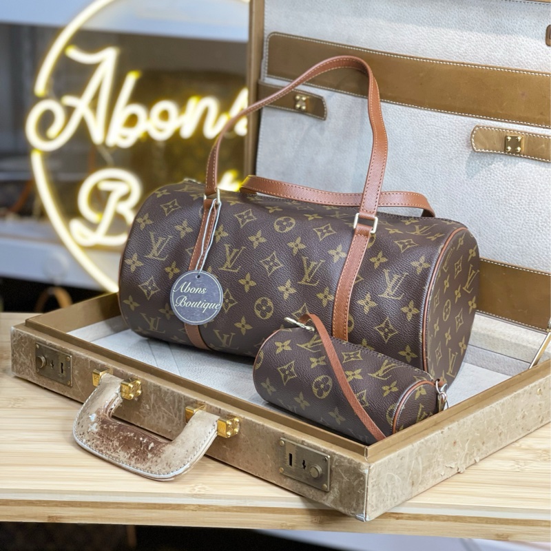 Louis Vuitton 老花皮紅papillon 30cm 圓筒子母包💖-0