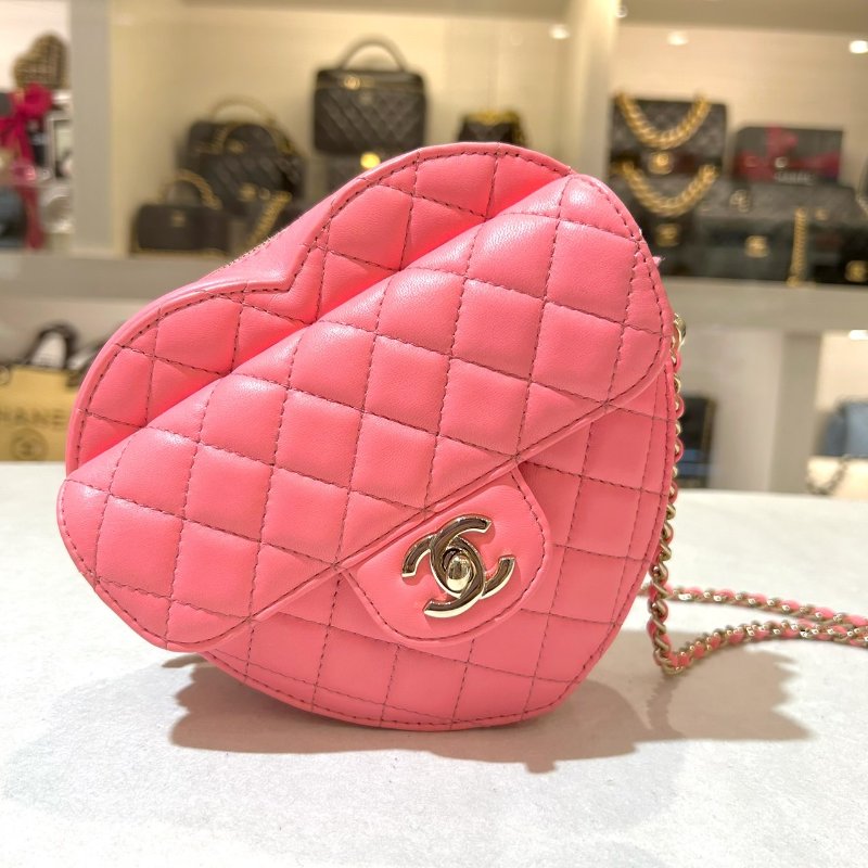 CHANEL 愛心菱格紋小羊皮金釦鏈帶包/側背包(大號/粉色)-0