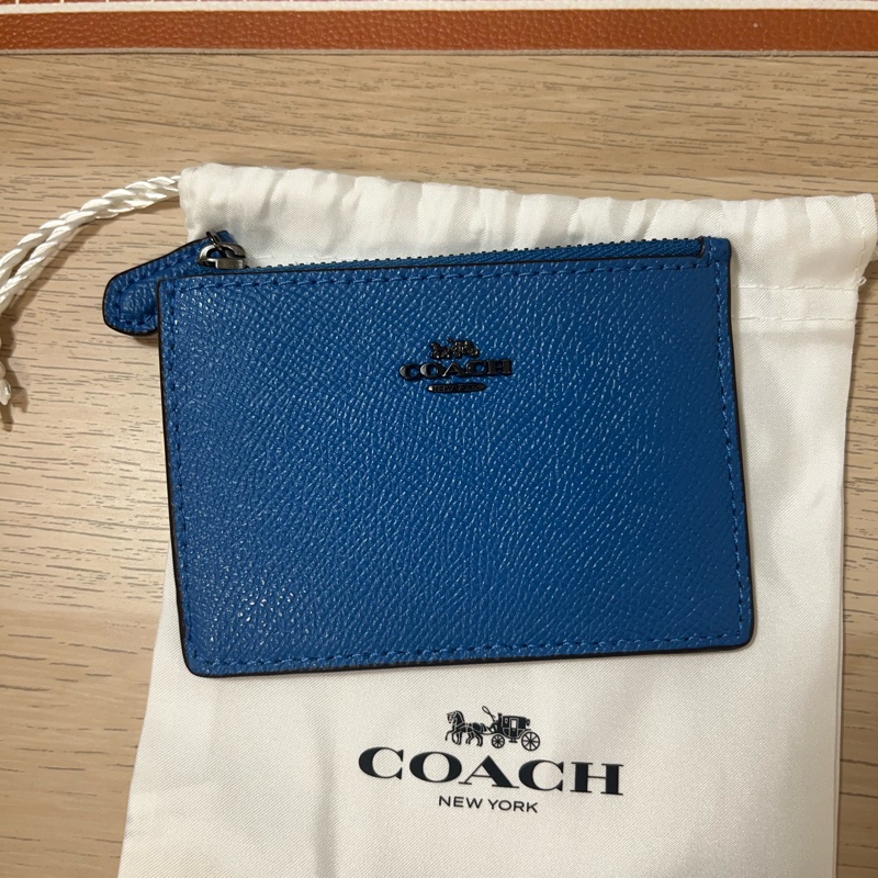 全新 COACH MINI SKINNY ID Case 寶藍色 黑logo 防刮全皮 卡夾鑰匙零錢包-0