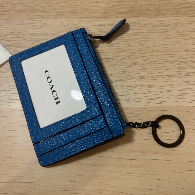全新 COACH MINI SKINNY ID Case 寶藍色 黑logo 防刮全皮 卡夾鑰匙零錢包-1