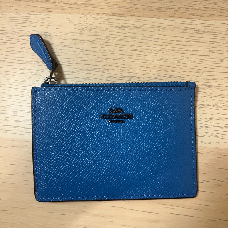 全新 COACH MINI SKINNY ID Case 寶藍色 黑logo 防刮全皮 卡夾鑰匙零錢包-5