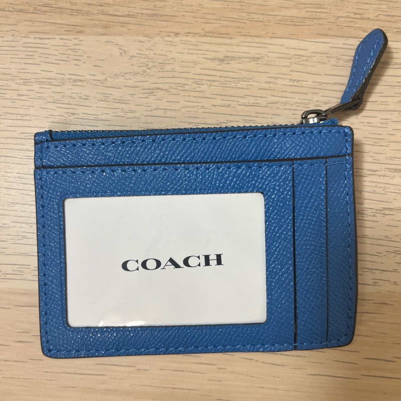 全新 COACH MINI SKINNY ID Case 寶藍色 黑logo 防刮全皮 卡夾鑰匙零錢包-6