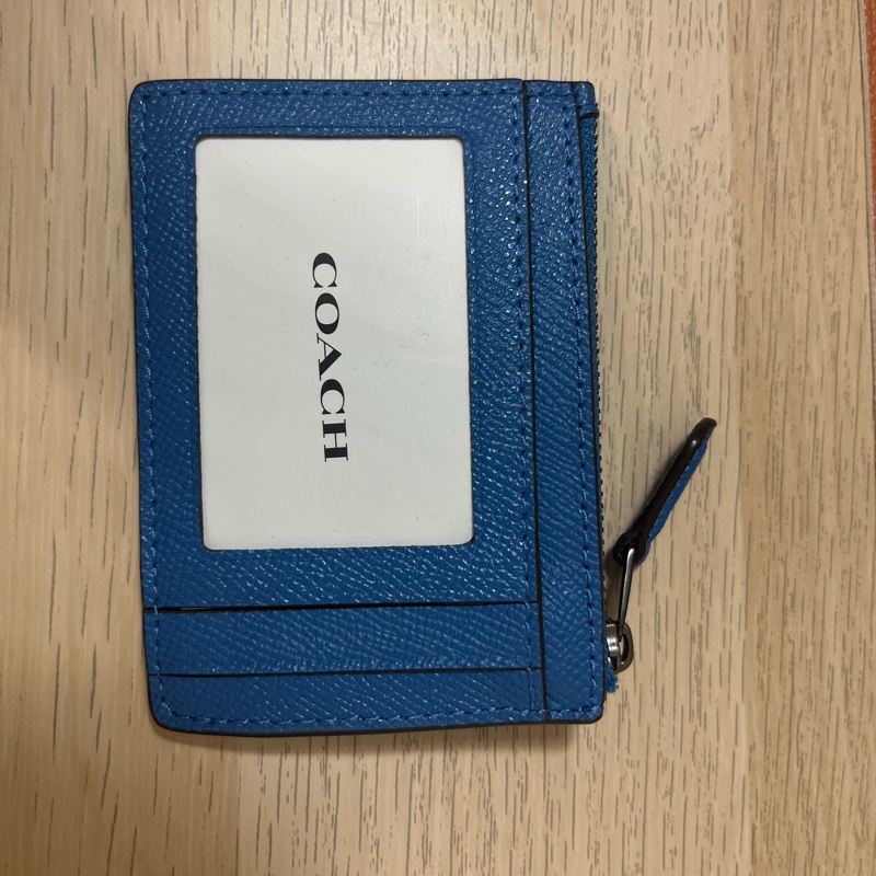 全新 COACH MINI SKINNY ID Case 寶藍色 黑logo 防刮全皮 卡夾鑰匙零錢包-9
