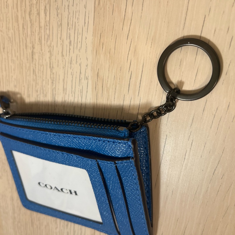 全新 COACH MINI SKINNY ID Case 寶藍色 黑logo 防刮全皮 卡夾鑰匙零錢包-12