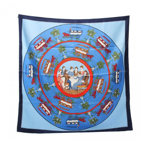 【日本直送】 中古HERMES[B]方巾90 「JEUDESOMNIBUSEIDAMES BLANCHES」 絲巾 絲 藍色 多彩色