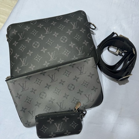 （保留中）爸爸節送禮必備 台灣購證 全配商品 99新 LV路易威登 黑武士 經典黑色灰色雙面老花三合一 斜背包肩背包