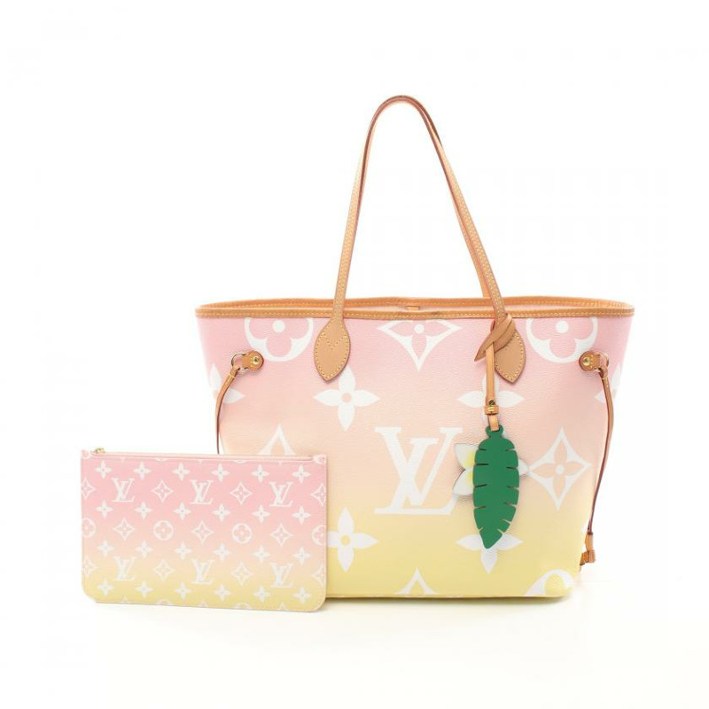 【日本直送】 中古LOUIS VUITTON[B]Neverfull MM 雙 The Pool monogram giant 玫瑰克萊爾 肩包 托特包 PVC 皮革 淺粉色 淡黃色-0