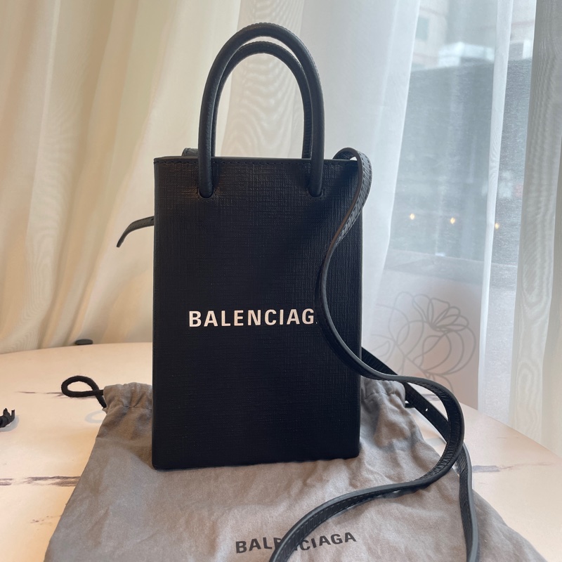 BALENCIAGA 黑皮革白字LOGO手提兩用包-0