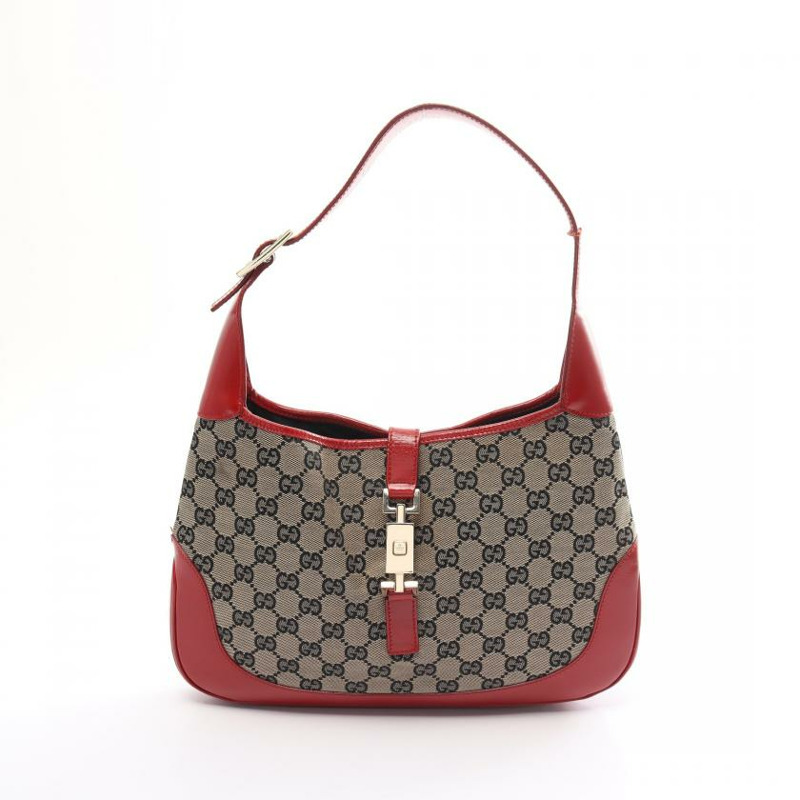 【日本直送】 中古GUCCI[B]Jackie 帆佈單肩包 真皮 米色 紅色-0