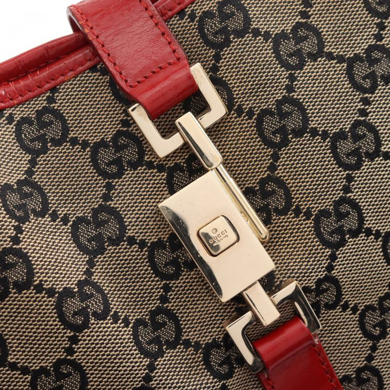 【日本直送】 中古GUCCI[B]Jackie 帆佈單肩包 真皮 米色 紅色-4
