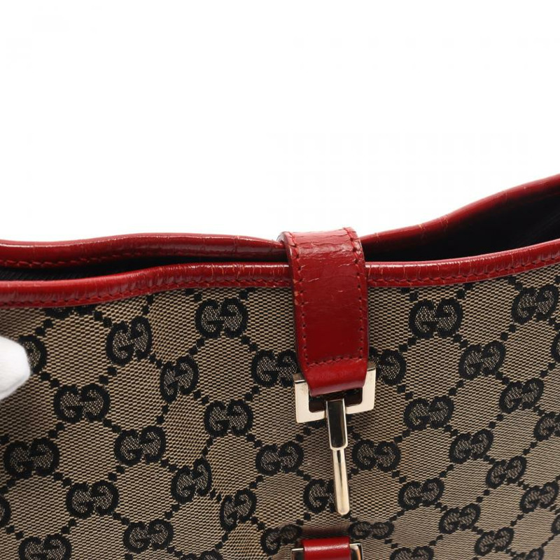 【日本直送】 中古GUCCI[B]Jackie 帆佈單肩包 真皮 米色 紅色-8