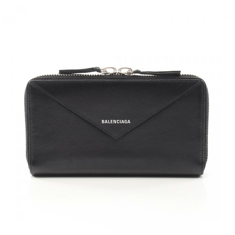 【日本直送】 中古BALENCIAGA[B]Papier Continental圓角拉鍊長款真皮錢包 黑色-0