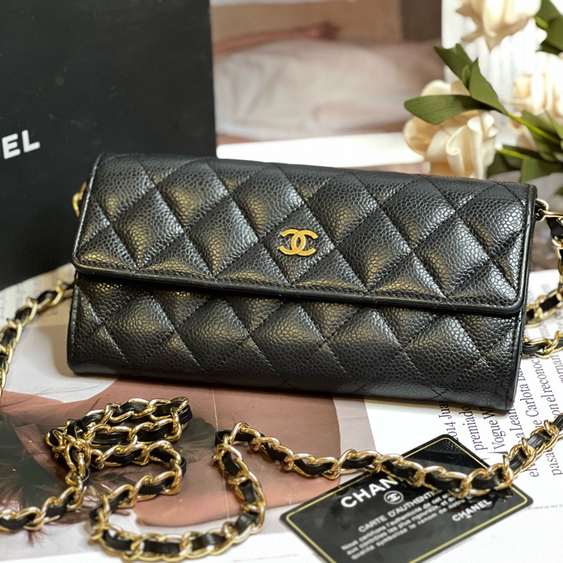 CHANEL 經典雙C LOGO荔枝金釦長夾《已改造可斜背》-1