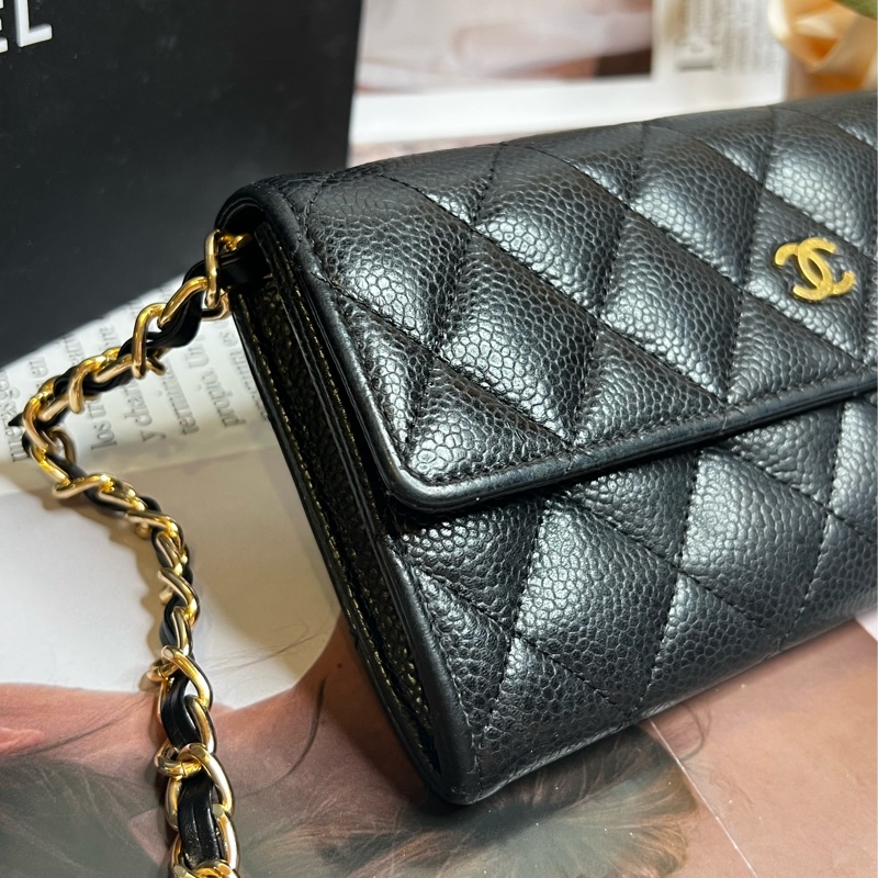 CHANEL 經典雙C LOGO荔枝金釦長夾《已改造可斜背》-5