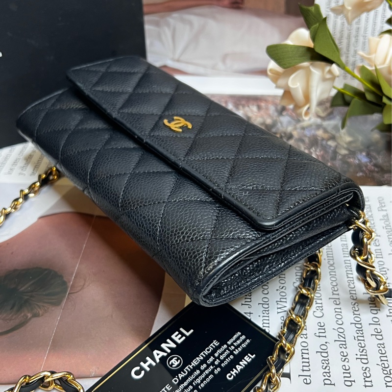 CHANEL 經典雙C LOGO荔枝金釦長夾《已改造可斜背》-7