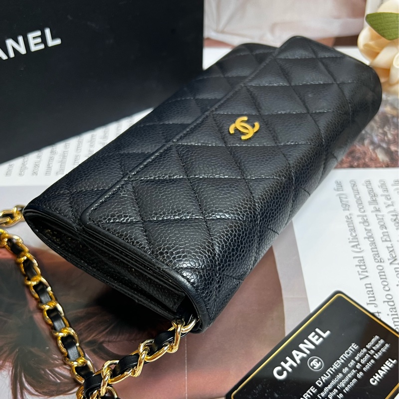 CHANEL 經典雙C LOGO荔枝金釦長夾《已改造可斜背》-8