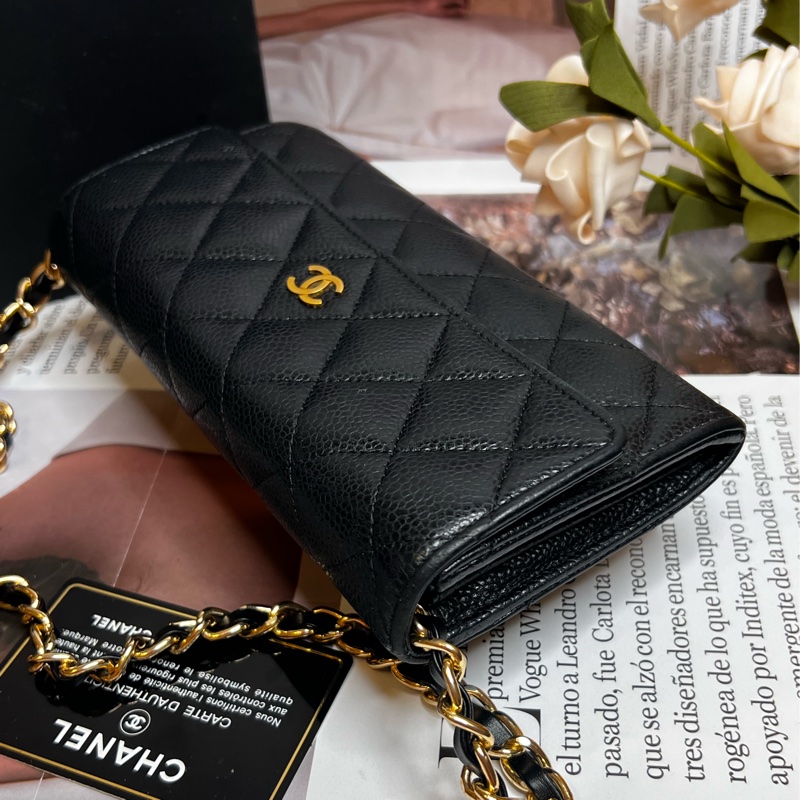 CHANEL 經典雙C LOGO荔枝金釦長夾《已改造可斜背》-9