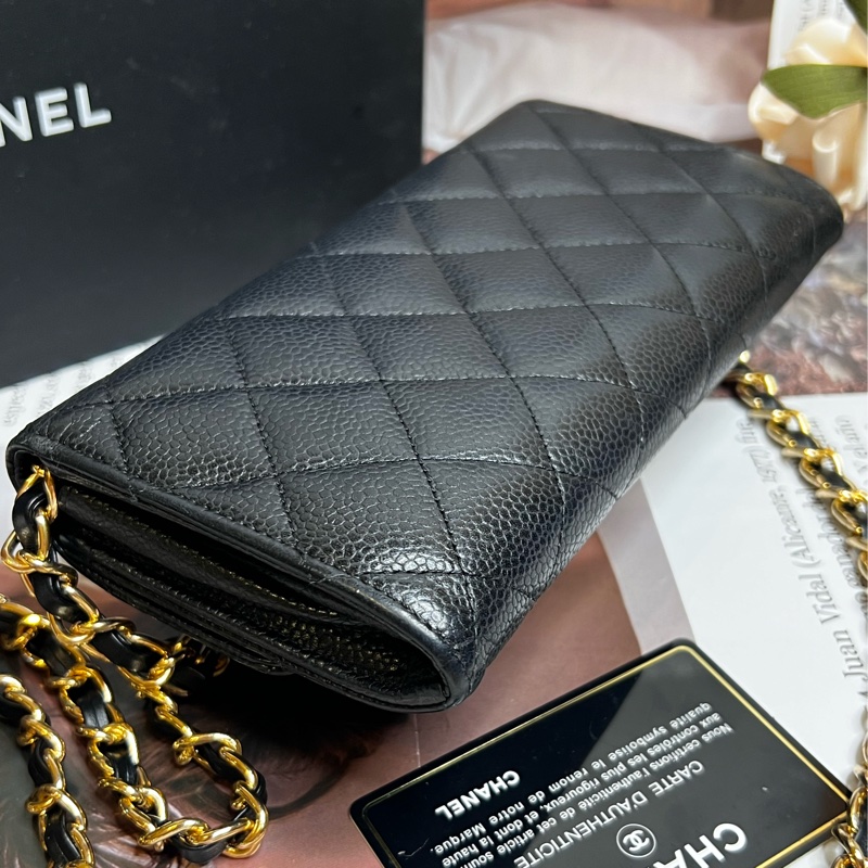 CHANEL 經典雙C LOGO荔枝金釦長夾《已改造可斜背》-10