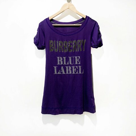 日本製 BURBERRY 藍標 潮流短袖T-Shirt 紫色 100%純棉 品牌設計圖案 金屬扣 休閒短T【壽司羊羊】二手衣