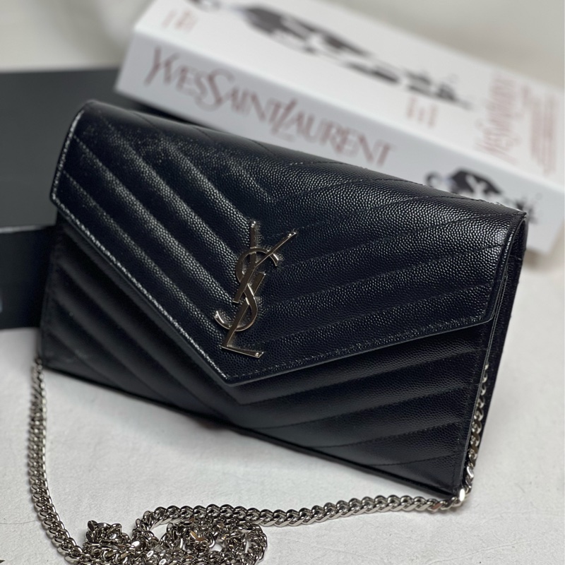 （保留中）YSL SAINT LAURENT 大款WOC  黑銀荔枝皮 肩背/斜背/手拿三用包-0