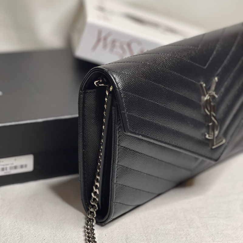 （保留中）YSL SAINT LAURENT 大款WOC  黑銀荔枝皮 肩背/斜背/手拿三用包-4