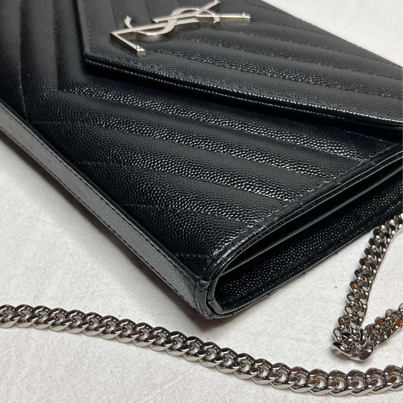 （保留中）YSL SAINT LAURENT 大款WOC  黑銀荔枝皮 肩背/斜背/手拿三用包-8