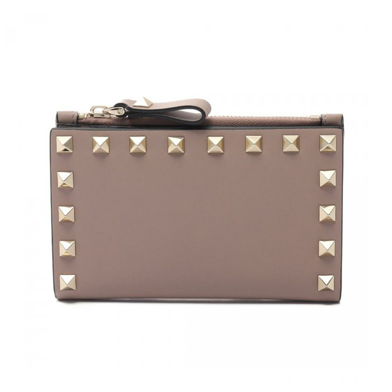 【日本直送】 中古VALENTINO GARAVANI[A]方形鉚釘 對折真皮錢包 臟粉色-0