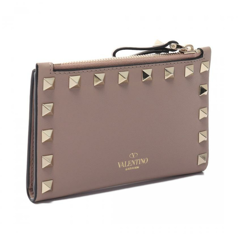 【日本直送】 中古VALENTINO GARAVANI[A]方形鉚釘 對折真皮錢包 臟粉色-1