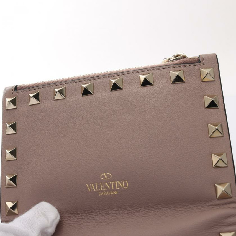 【日本直送】 中古VALENTINO GARAVANI[A]方形鉚釘 對折真皮錢包 臟粉色-4