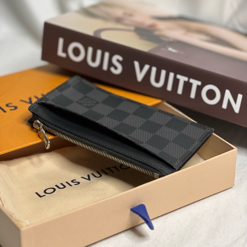 Lv 黑棋盤格 卡夾萬用零錢包-3