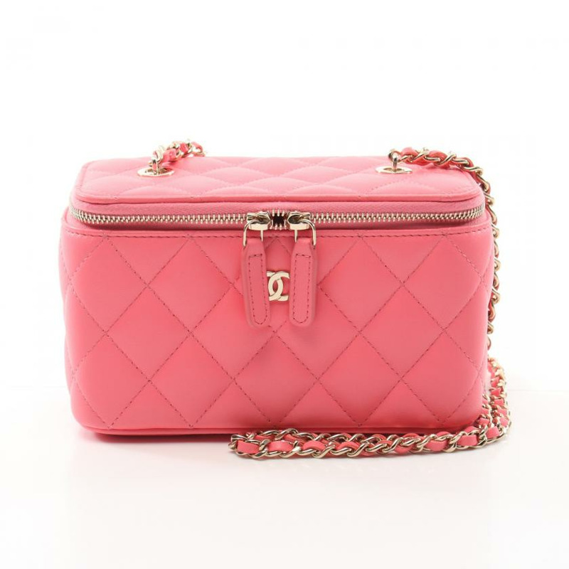 【日本直送】 中古CHANEL[AB]菱格紋 small Vanity 鏈條肩包 小羊皮 粉色 金色五金-0