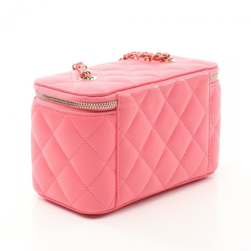 【日本直送】 中古CHANEL[AB]菱格紋 small Vanity 鏈條肩包 小羊皮 粉色 金色五金-1