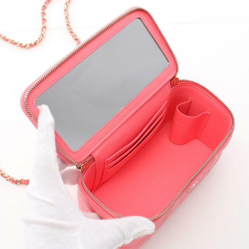 【日本直送】 中古CHANEL[AB]菱格紋 small Vanity 鏈條肩包 小羊皮 粉色 金色五金-2