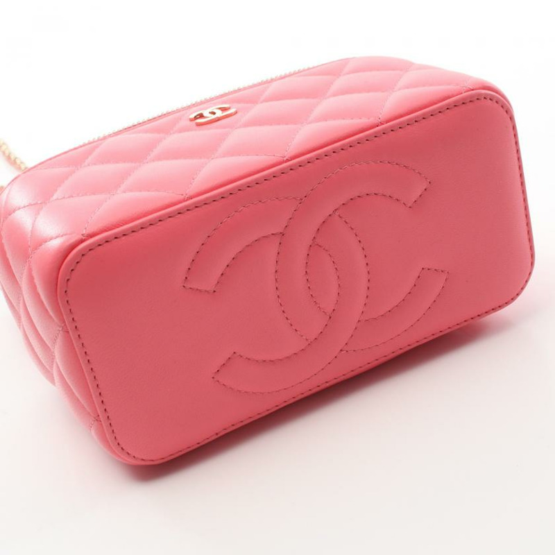 【日本直送】 中古CHANEL[AB]菱格紋 small Vanity 鏈條肩包 小羊皮 粉色 金色五金-5