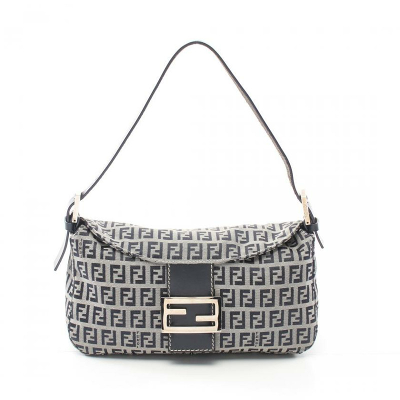 【日本直送】 中古FENDI[B]Zucchino 帆佈單肩包 真皮 淺灰色 海軍藍-0