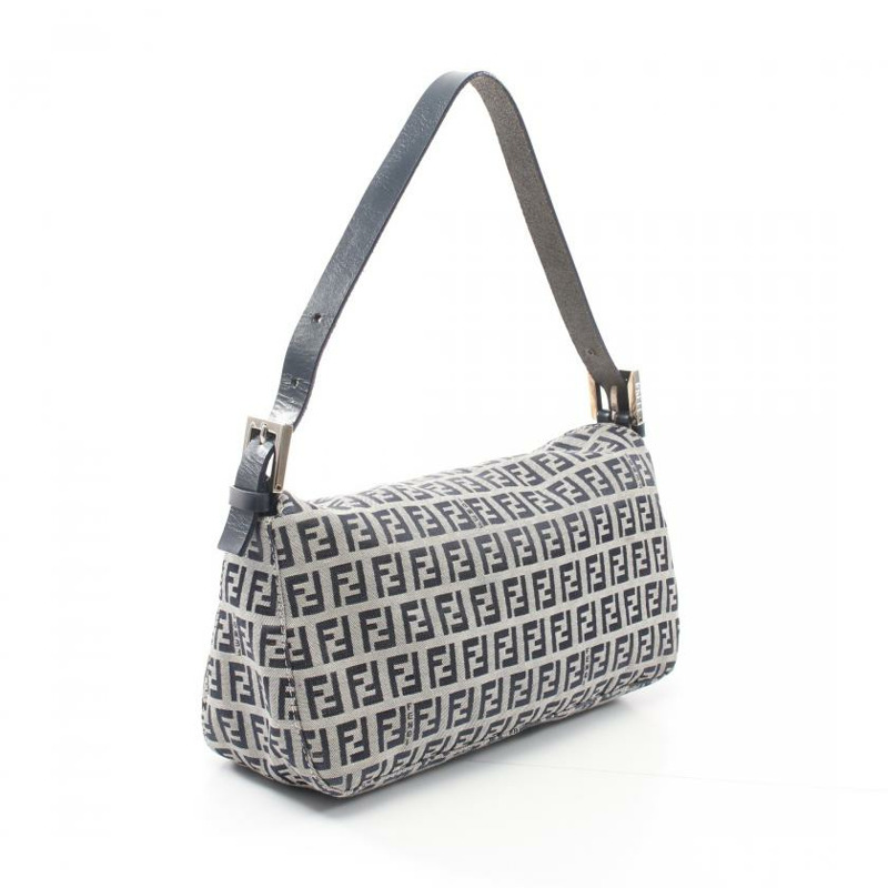 【日本直送】 中古FENDI[B]Zucchino 帆佈單肩包 真皮 淺灰色 海軍藍-1