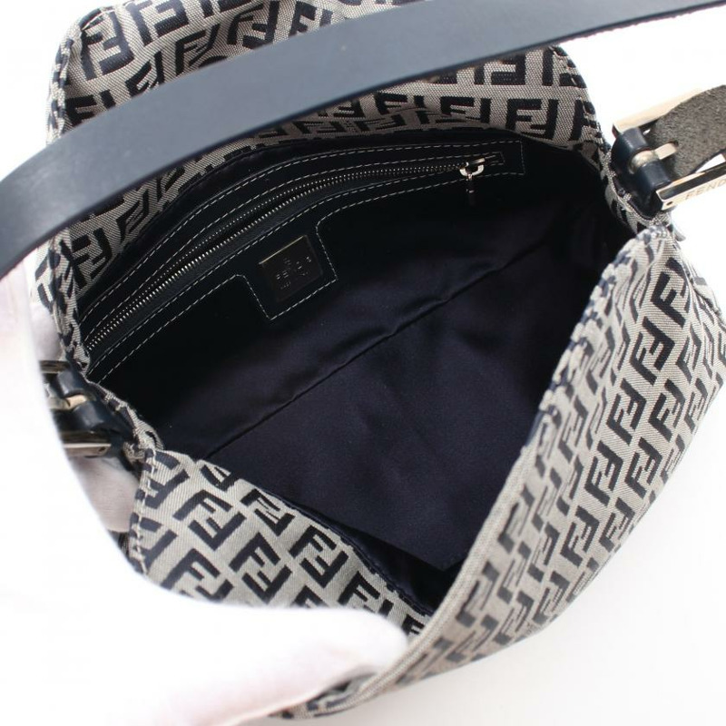 【日本直送】 中古FENDI[B]Zucchino 帆佈單肩包 真皮 淺灰色 海軍藍-2