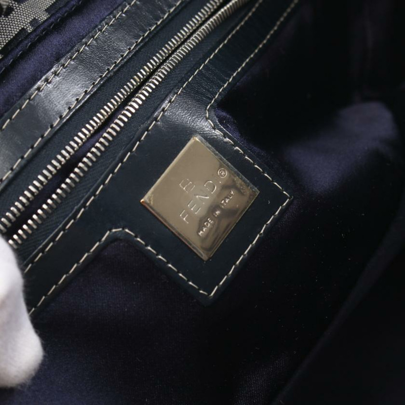 【日本直送】 中古FENDI[B]Zucchino 帆佈單肩包 真皮 淺灰色 海軍藍-3