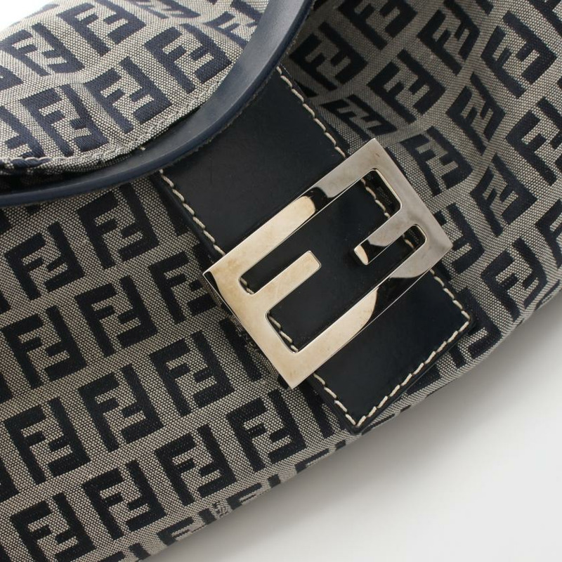 【日本直送】 中古FENDI[B]Zucchino 帆佈單肩包 真皮 淺灰色 海軍藍-5
