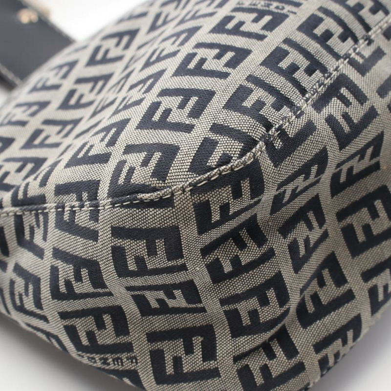 【日本直送】 中古FENDI[B]Zucchino 帆佈單肩包 真皮 淺灰色 海軍藍-6
