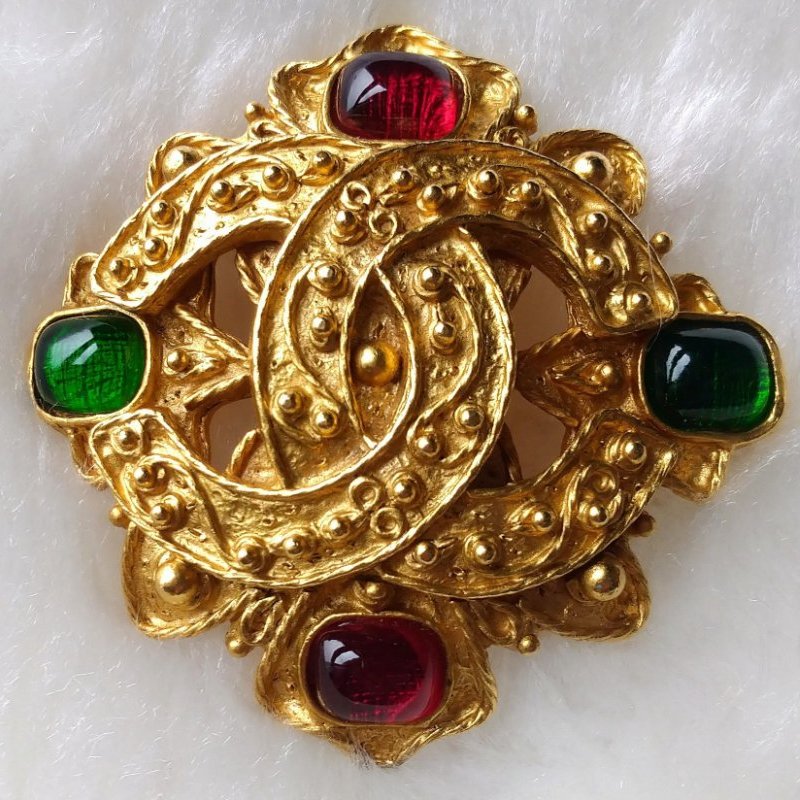 Chanel 香奈兒Vintage老香雙C鍍金葡萄藤琉璃胸針~~90年代極品-0