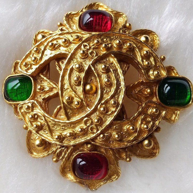 Chanel 香奈兒Vintage老香雙C鍍金葡萄藤琉璃胸針~~90年代極品-1