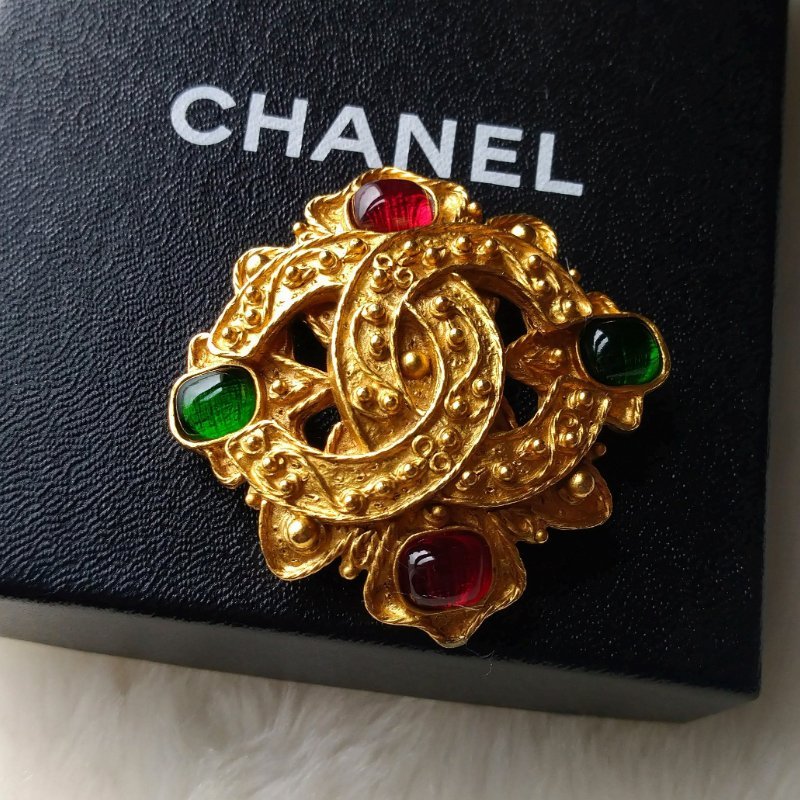 Chanel 香奈兒Vintage老香雙C鍍金葡萄藤琉璃胸針~~90年代極品-2
