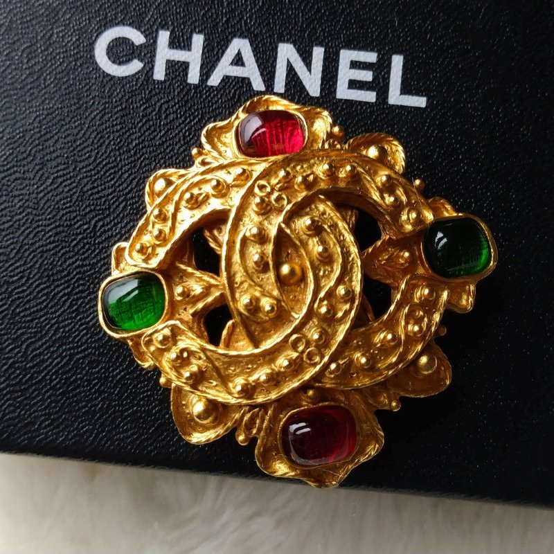 Chanel 香奈兒Vintage老香雙C鍍金葡萄藤琉璃胸針~~90年代極品-3